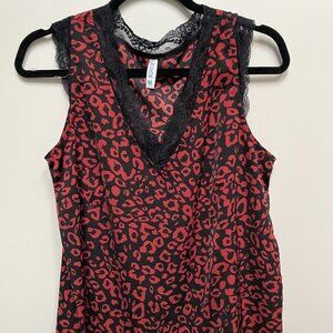 Lace edged red and black animal print blouse